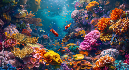 A vibrant coral reef with colorful sea 
