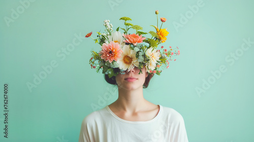 Beautiful young woman with wildflowers covering her head on green background. Fashion beauty banner for cosmetics makeup mental health concept © olindana