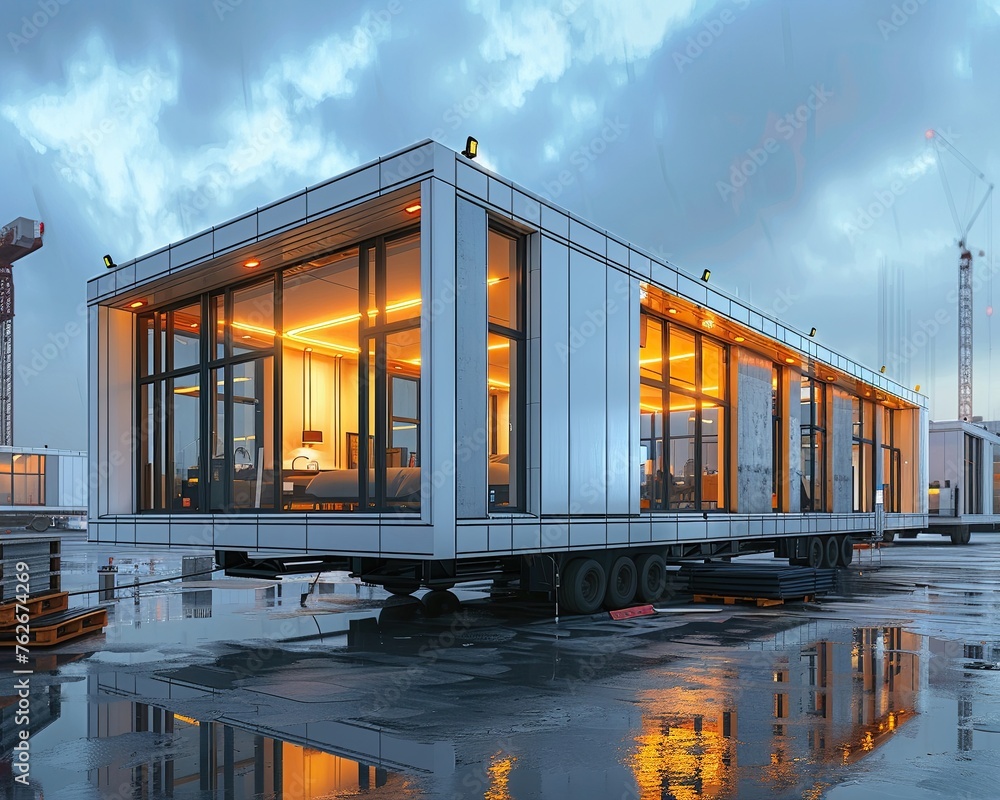 Modular construction units being assembled, 3D visualization, eye-level view, 8k Modular construction units being assembled, 3D visualization, eye-level view, 8k