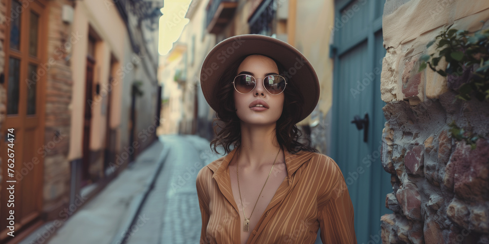 Naklejka premium Portrait of a beautiful woman wear clothing 90's style