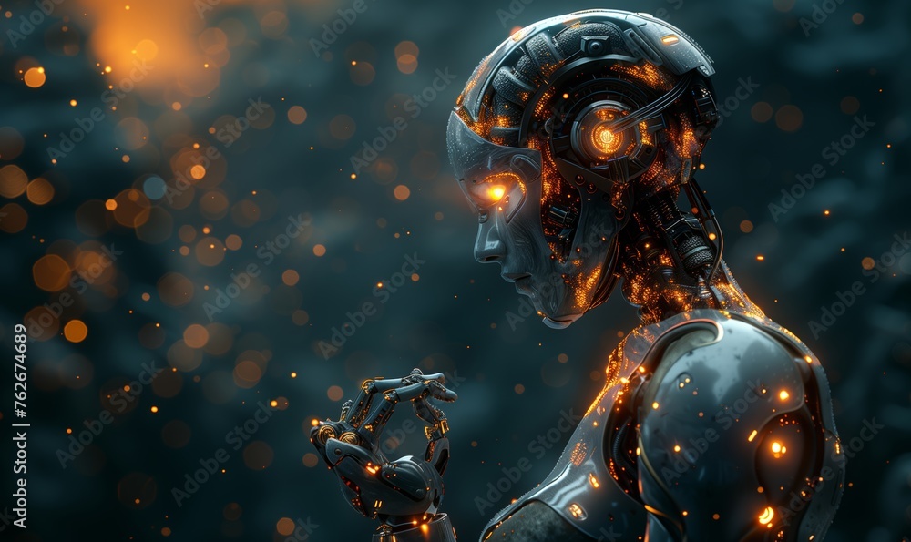 Fototapeta premium Human face on abstract dark background. Artificial intelligence, information, data, robot concept.