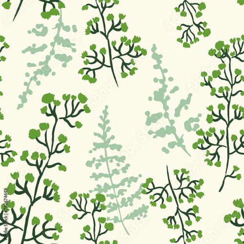 Hand drawn seamless vector repeating pattern with freehand branches plants in tonal green on cream. St Patricks day, spring gardening, calming backdrop repeat for packaging, clothing, paper