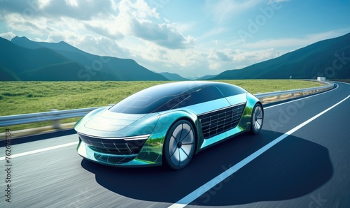 Modern electric concept car, self-charging from solar panels built into the body. Ecological transport concept © piai