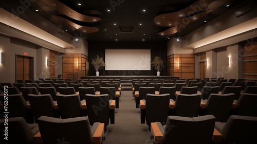 Community theater with light maple accents and matte black seating areas. © Aeman