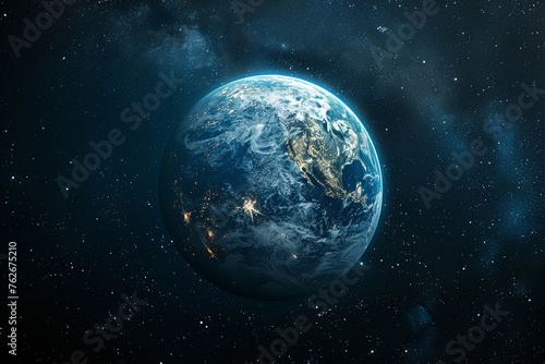 Blue and white planet Earth in the middle of the night sky