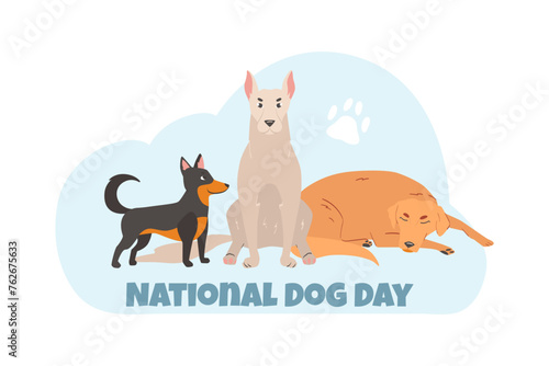 Dog composition vector flat illustration. Different breeds of dogs together. Pet adoption, charity, love and dog ownership concept