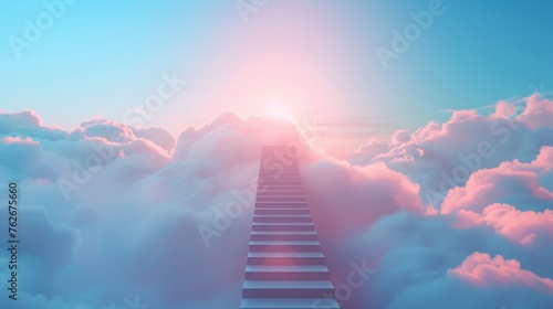 A staircase is shown in the sky  with clouds and a sun in the background