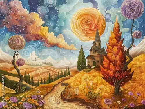 Create a whimsical scene exploring the journey of emotional healing and growth through Whimsical Art.