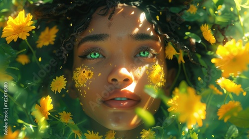  A digital portrait of a woman adorned with green eyes   yellow flower crown  amidst a field of yellow daisies