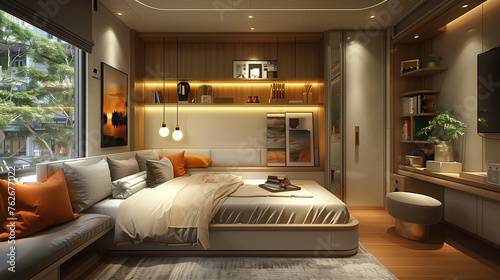 Design of the interior. Stylish bedroom in beige calm color