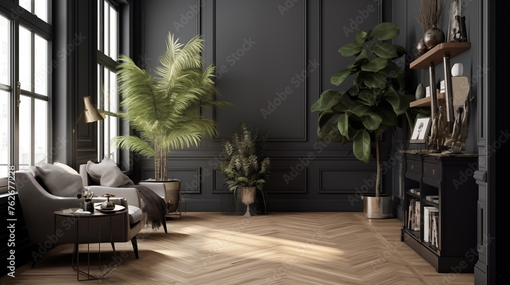Fototapeta premium Dark charcoal gray walls with a light wood herringbone floor and white crown molding.