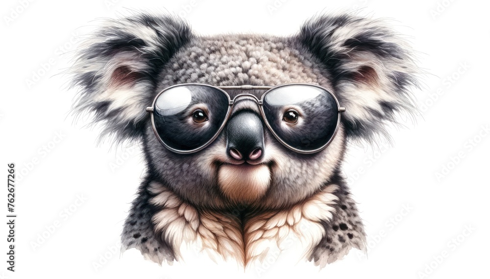 Koala wearing sunglasses isolated on white