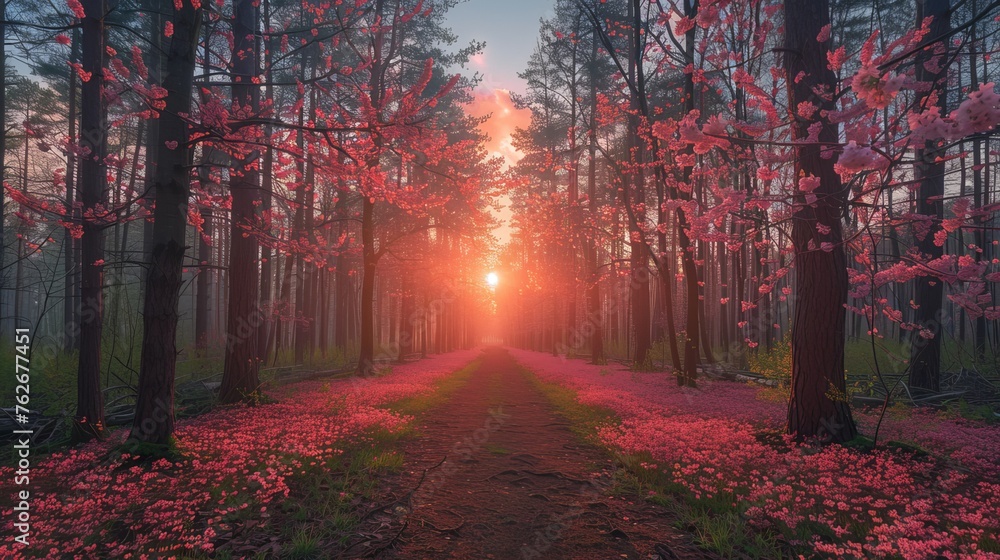 Obraz premium pink trees blooming at spring in the park, colorful, beauty, flowers