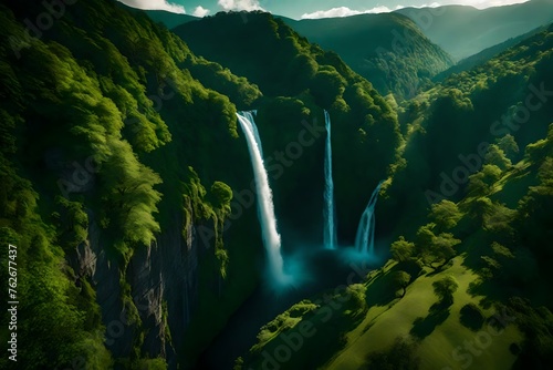 A breathtaking aerial view of a majestic waterfall flowing down a verdant mountainside, captured in stunning 4K resolution