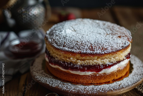 a benta cake with jam filling and powdered sugar on top photo