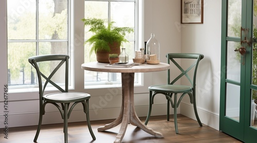 Dining nook with driftwood gray table and hunter green metal cafe chairs.