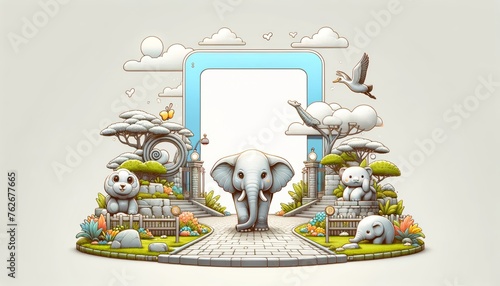 Colorful Illustration of a Stylized Zoo Entrance with Animals