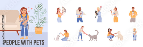 Set of happy pet owners isolated on white background. Collection of people with dogs, cats and birds. Men, woman holding and hugging cute domestic animals. Vector illustration in a flat style
