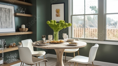 Dining nook with driftwood gray table and hunter green leather cafe chairs.
