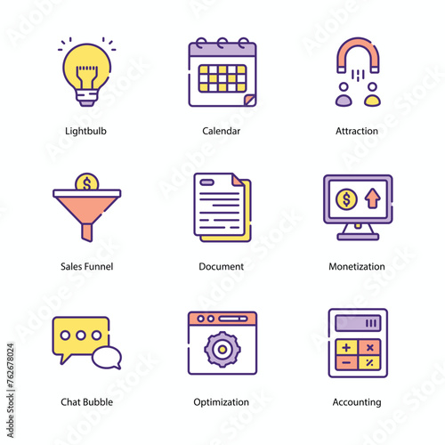 Accounting icons set, Accounting, Finance, Bookkeeping, Taxation, Audit, Budgeting, Ledger, Balance Sheet, vector stock illustration.