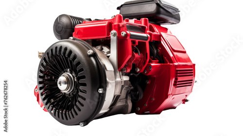 A striking red and black engine stands out against a clean white background