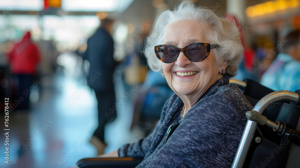A happy elderly woman in sunglasses sits on her wheelchair at the airport and smiles for camera, people walking around blurred in the background A happy elderly woman in sunglasses sits on her wheelchair at the airport and smiles for camera, people walking around blurred in the background
