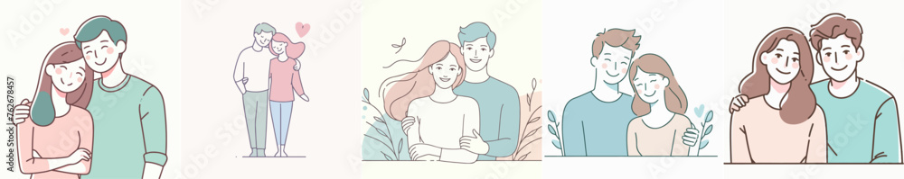 The couple characters are cheerful with a simple flat line art style