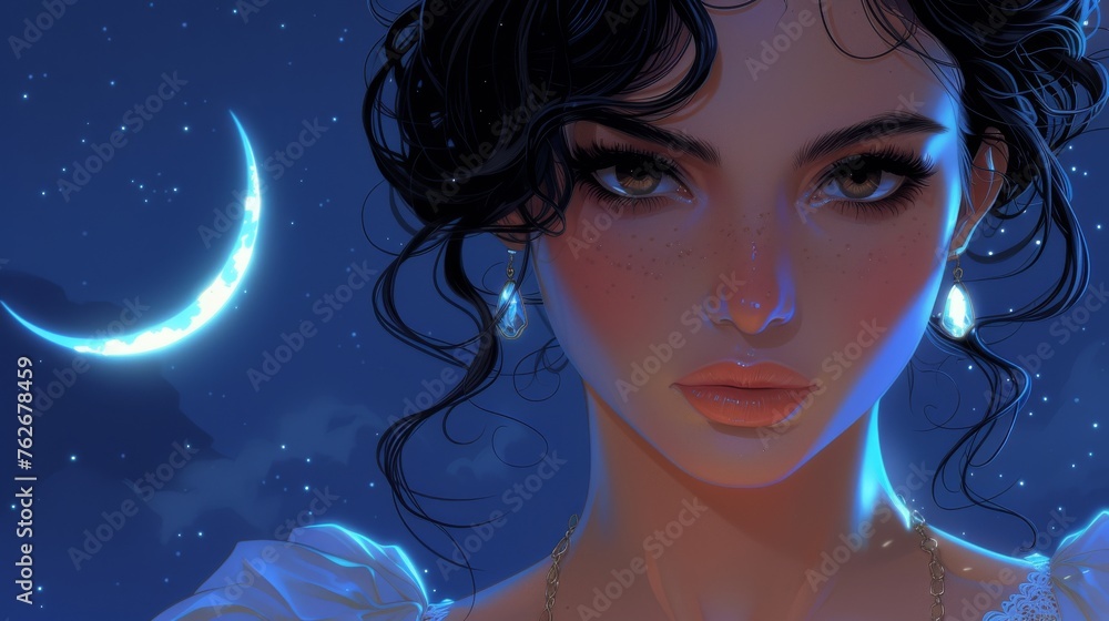 A digital art of a lady in a white gown under a crescent moon and starry backdrop A digital art of a lady in a white gown under a crescent moon and starry backdrop