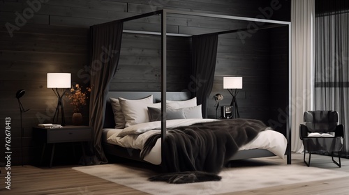 Edgy black bedroom with shiplap accent wall, gauzy canopy, and minimal d?(C)cor. photo