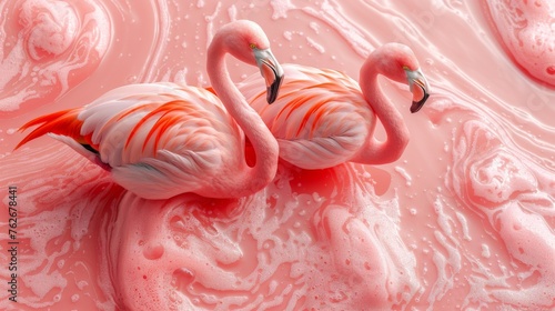 A pair of flamingos, both pink, stand together on a pink background with water bubbles behind them © Janis