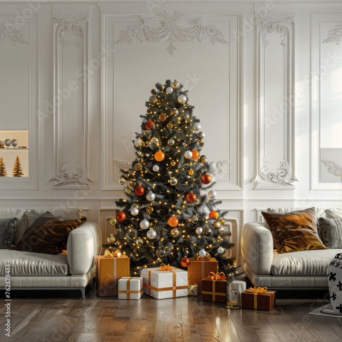 Beautiful tree decorated for Christmas in interior decorated room with architect or designer touch orange themed photo