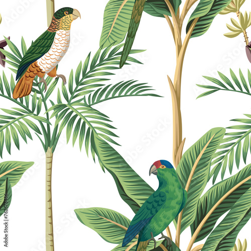 Tropical green parrots, palm trees floral seamless pattern white background. Exotic jungle wallpaper.	