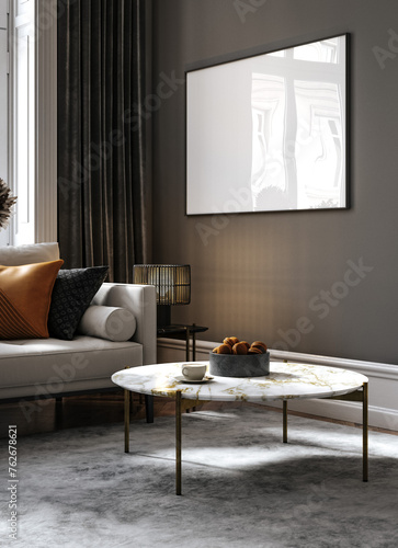 Black living room interior with sofa, minimalist interior background, 3d render © artjafara