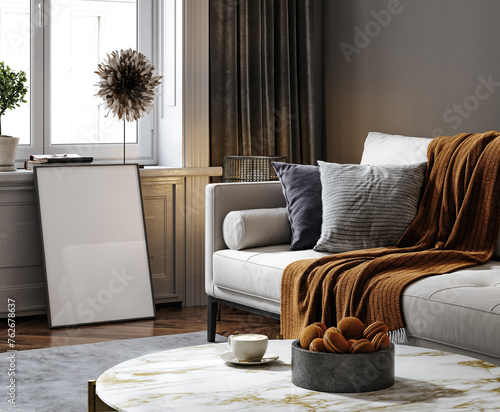 Black living room interior with sofa, minimalist interior background, 3d render © artjafara