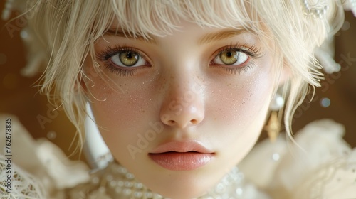  A close-up picture of a blonde doll adorned with pearls on her head and a necklace