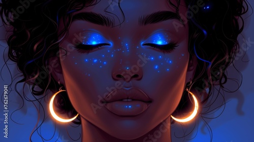  A digital image of a woman  blue eyes shining  hoop earrings adorned with glowing blue stars on her face