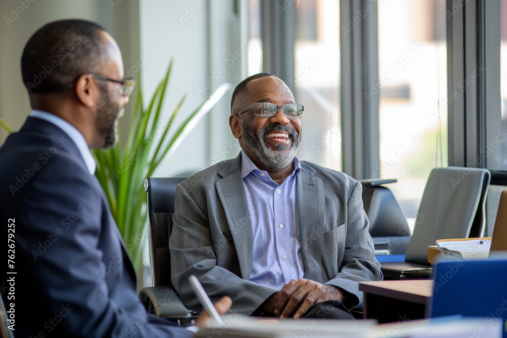 A boss and a subordinate in a lively discussion in a softly lit office A boss and a subordinate in a lively discussion in a softly lit office