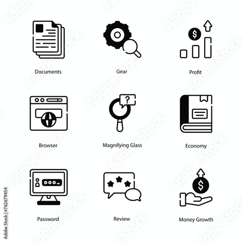 Accounting icons set, Accounting, Finance, Bookkeeping, Taxation, Audit, Budgeting, Ledger, Balance Sheet, vector stock illustration.