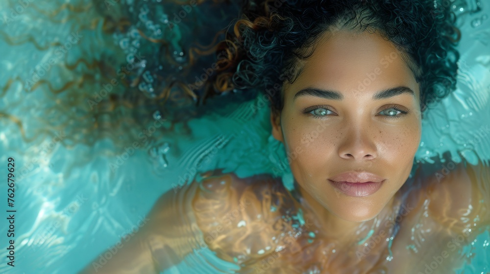 A woman in a pool with her hair blowing, facing the camera A woman in a pool with her hair blowing, facing the camera
