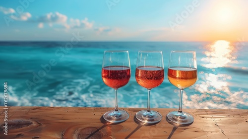 glasses of cold pink wine on a sunny beach near the sea