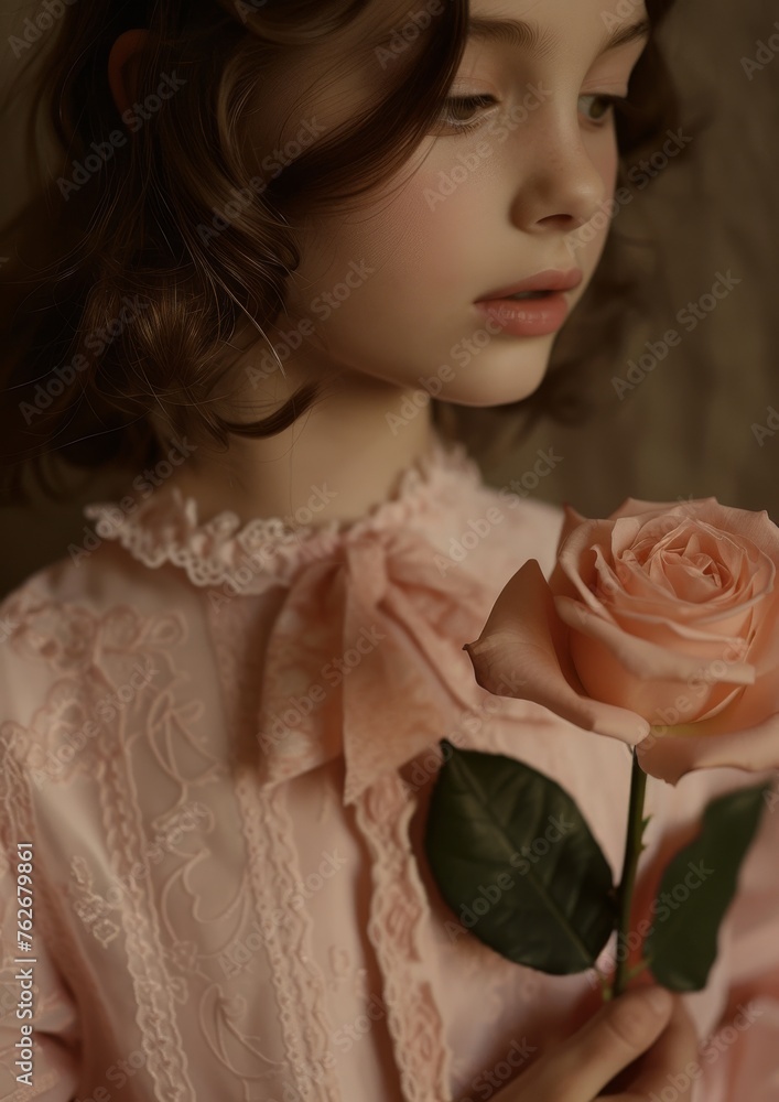 Person in close-up with rose in hand against women's face in background Person in close-up with rose in hand against women's face in background