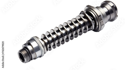 A shiny stainless steel screw resting on a clean white background