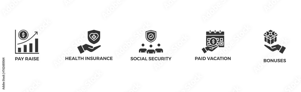 Employee benefits banner web icon vector illustration concept with icon of pay raise, health insurance, social security, paid vacation and bonuses Employee benefits banner web icon vector illustration concept with icon of pay raise, health insurance, social security, paid vacation and bonuses