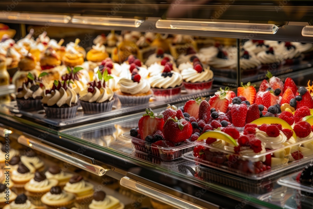 Gourmet Desserts Galore: Patisserie Case with Berry-Adorned Treats