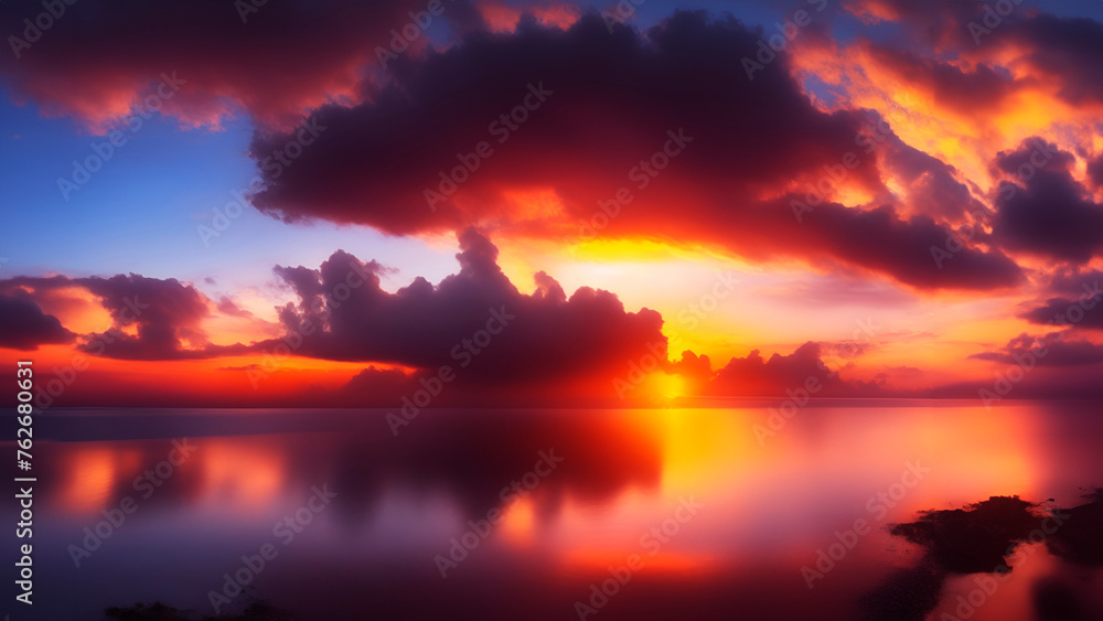 Landscape with beautiful sky, sunset over the lake, sunrise over water, read and peachy clouds, Wall Art Design for Home Decor, wallpaper for cellphone, mobile smart cell phone background