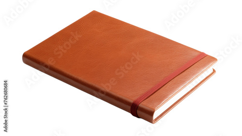 A brown leather book rests upon a pure white background