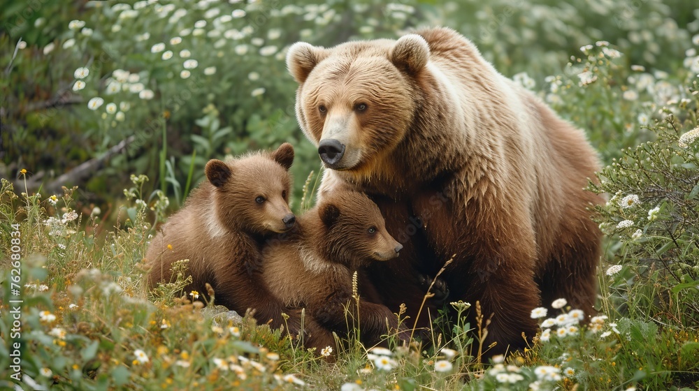 Fototapeta premium Mother Kodiak Bear with Cubs