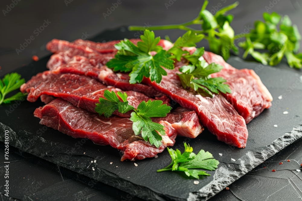 Premium Raw Beef Cuts on Dark Slate, Parsley Garnish