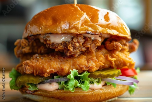 Juicy Fried Chicken Sandwich, Detailed Texture, Soft Focus Background
