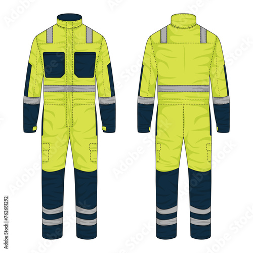 Illustration of work wear front and back view. Hi-vis wearpack mockup. Coverall vector